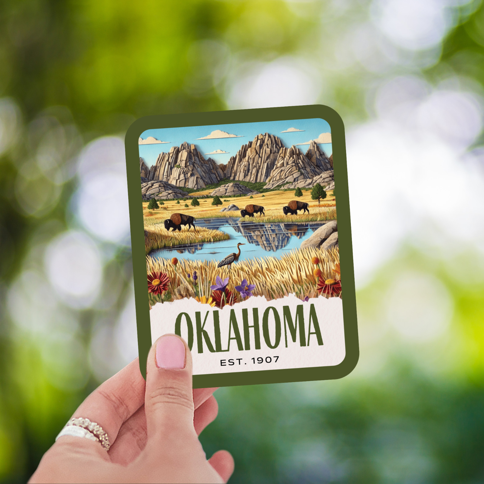 Oklahoma State Sticker, Paper Collage Look, Wichita Mountains Vinyl Decal