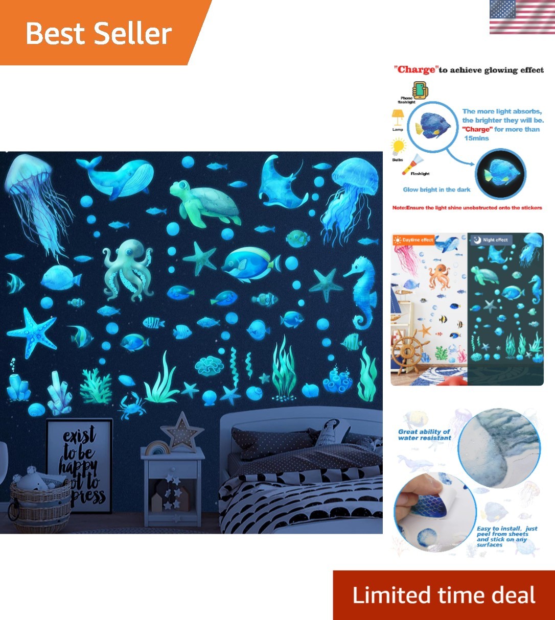 Waterproof Under The Sea Stickers – Removable Glow in The Dark Wall Art for Kids
