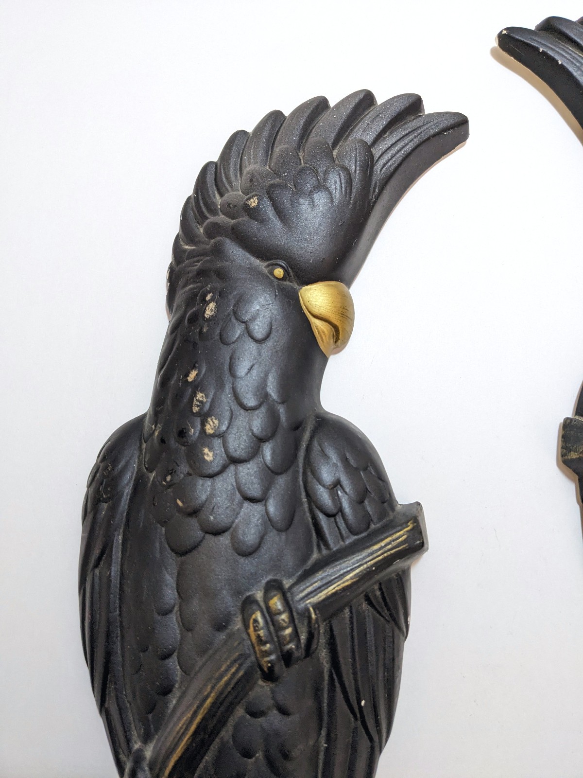 Vtg 1957 Miller Studio Chalkware Cockatoo Wall Plaques Pair Black Gold MCM Birds