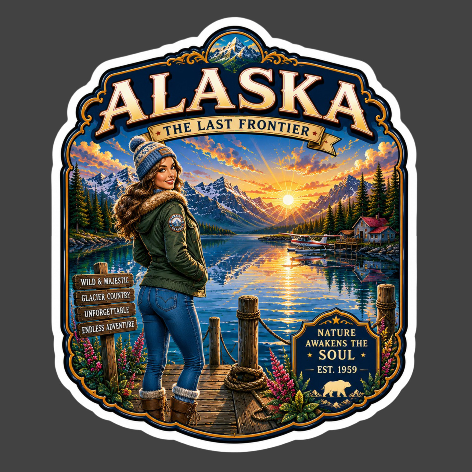 Alaska Sticker Vinyl Decal Aurora Borealis Mountain Lake Travel Souvenir Gift
