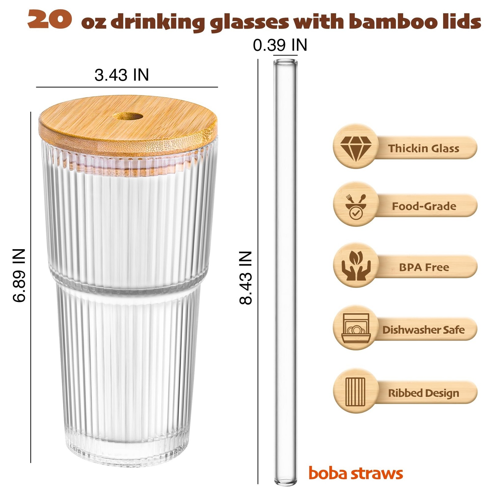 20 oz Ribbed Glass Tumblers with Bamboo Lids and Straws, 2 Pcs Wide Mouth Thi…