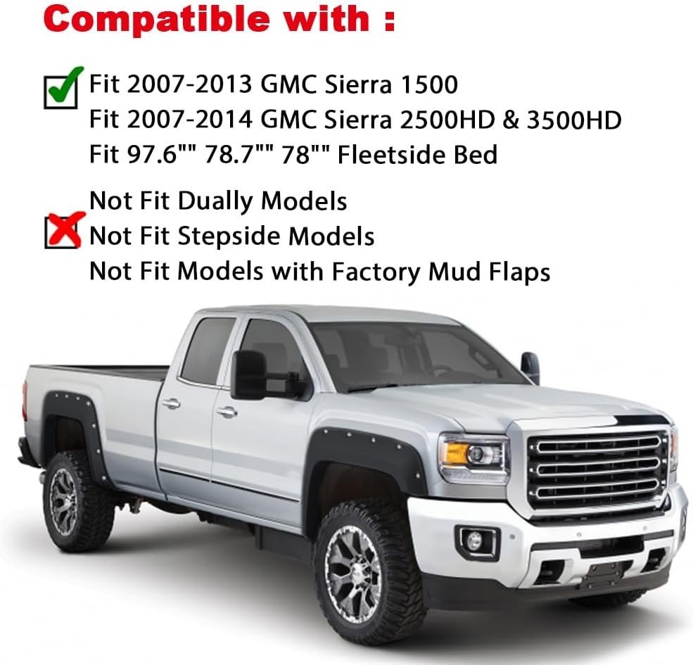4Pcs Fender Flares Rugged Pocket Riveted Style for 2007-2013 GMC Sierra 1500