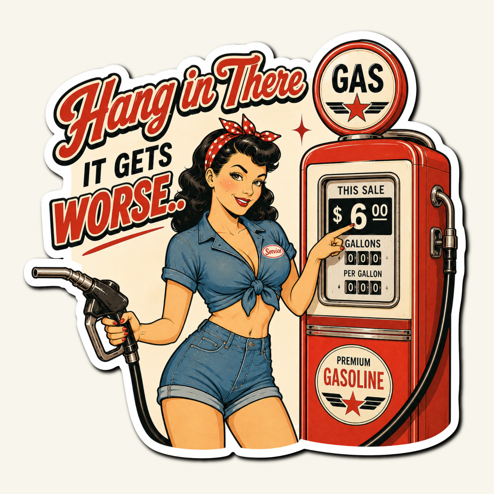 Retro Funny Gas Prices Sticker 3.5” Car Decal Sarcastic Pin Up Vinyl USA Humor