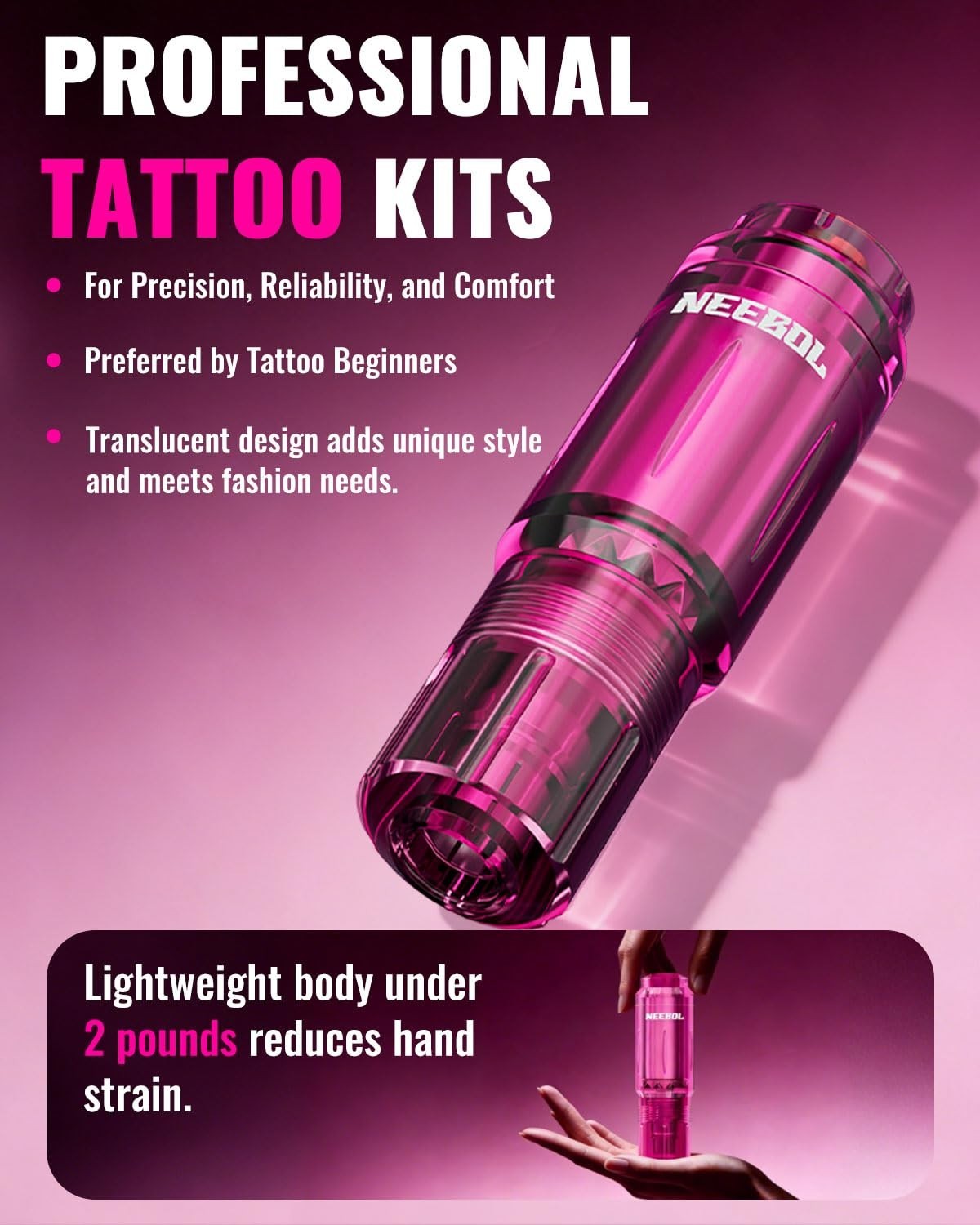 Tattoo Gun Kit – Wireless Machine with 2 Batteries, Standard, Pink