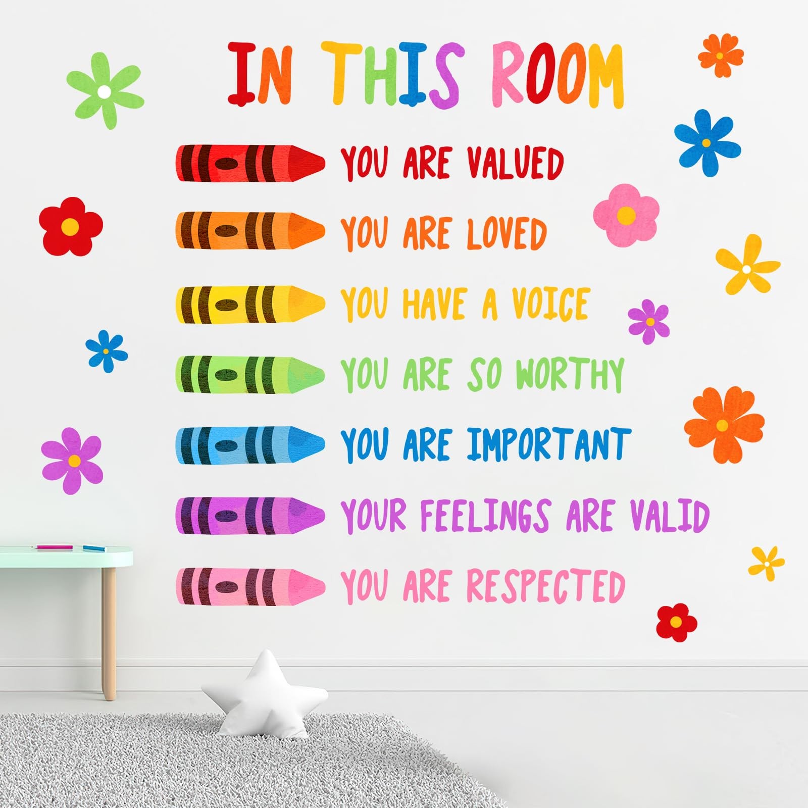 Colorful Floral Crayon Inspirational Wall Decals Stickers, Motivational Rainb…