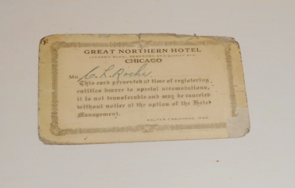 Great Northern Hotel Chicago 1920s Pass Card Special Accommodations RARE