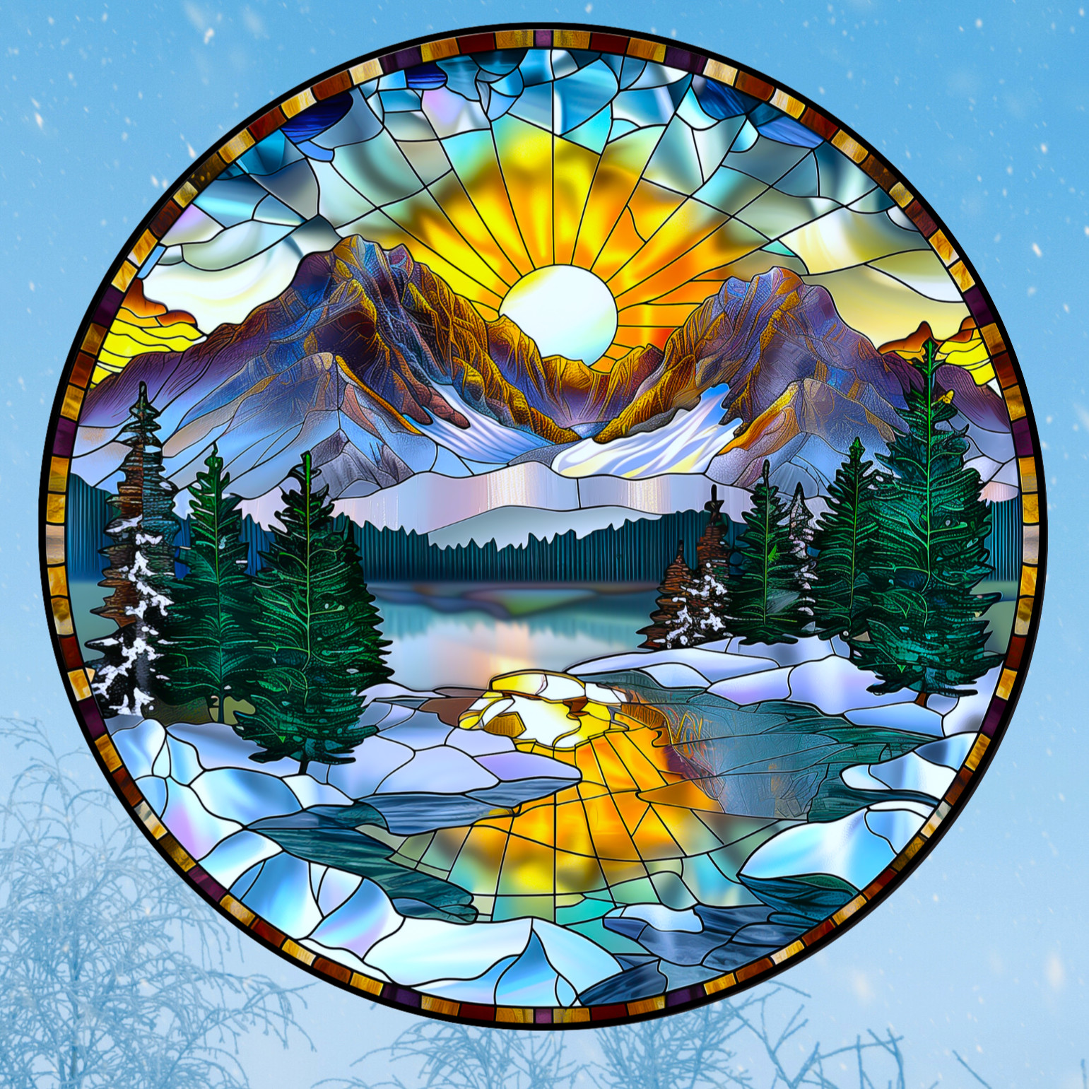 Winter Mountains Faux Stained-Glass WINDOW CLING Sun-catcher Size 8" Vinyl