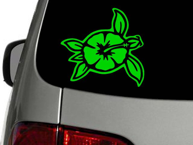 Sea Turtle and Flower 4"x4.5" bright green Vinyl Decal Car Window Wall Sticker