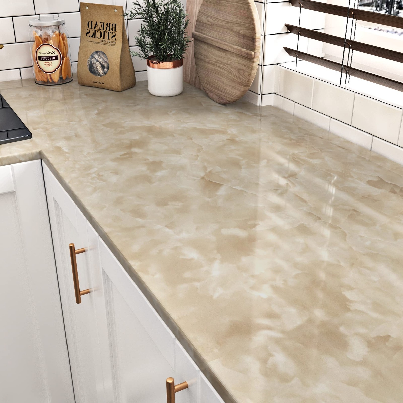 Glossy Beige Marble Contact Paper for Table Top Self Adhesive Shiny Marble Fi…