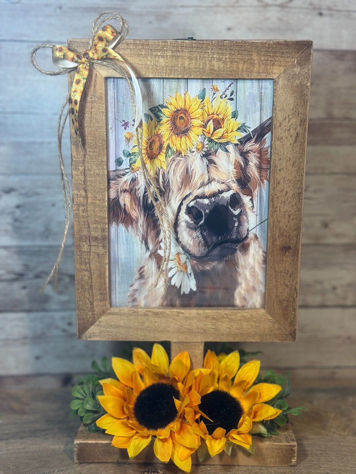 Farmhouse Sunflower Highland Cow Distressed Wooden Double Sided Pedestal Picture