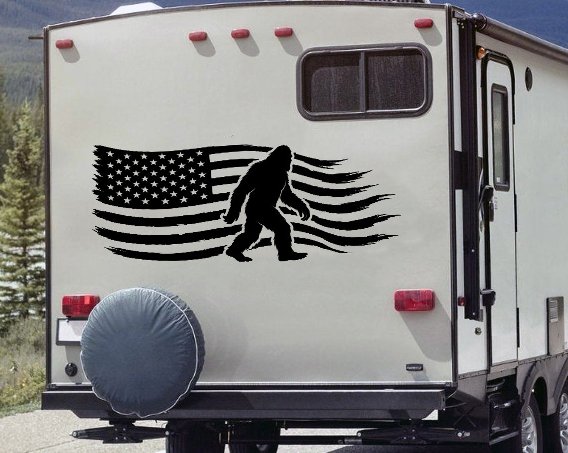 Bigfoot Edition RV Camper Decal – Distressed American Flag Sasquatch