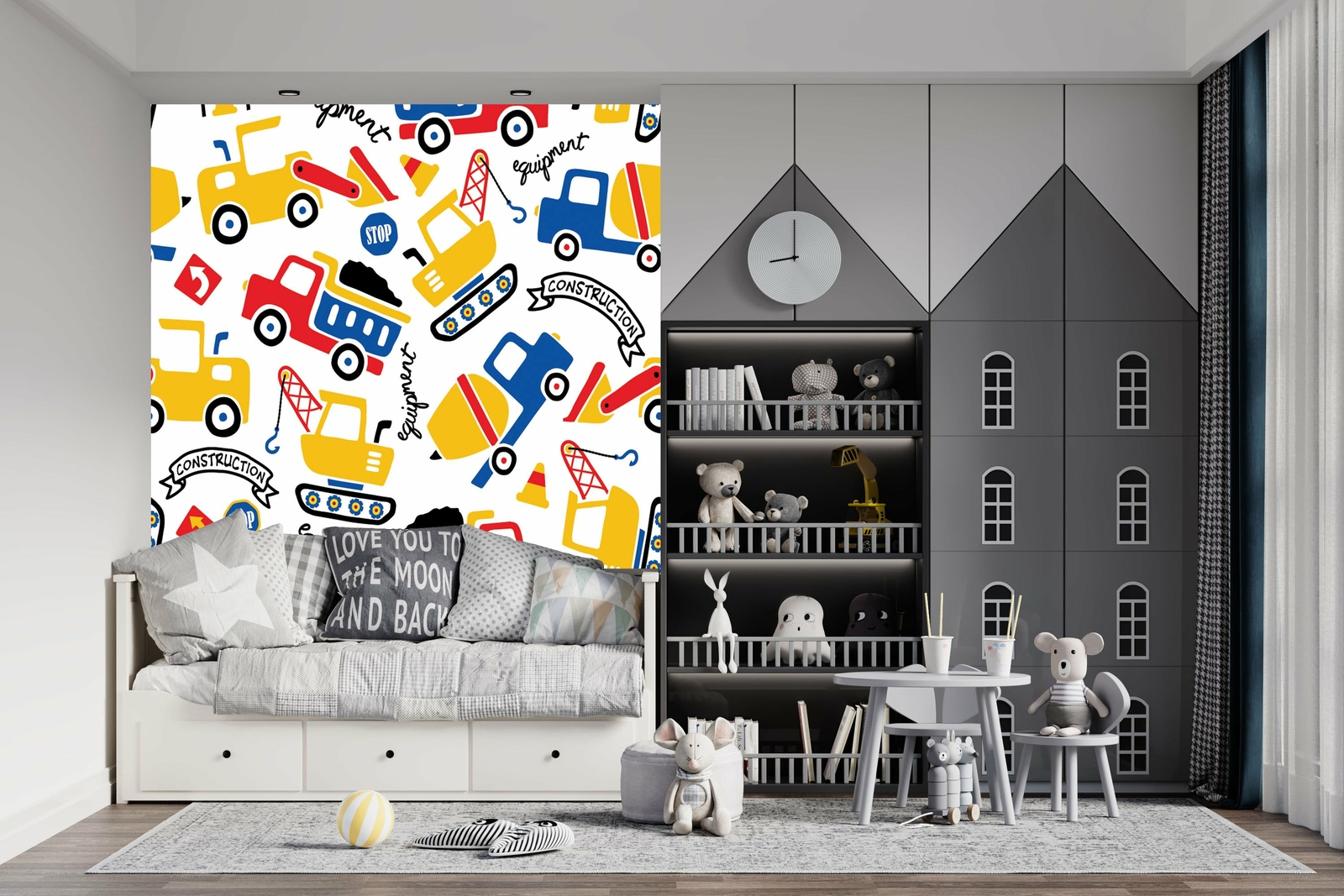 Cartoon Construction Vehicles Wallpaper – Large Wall Mural – Self-adhesive
