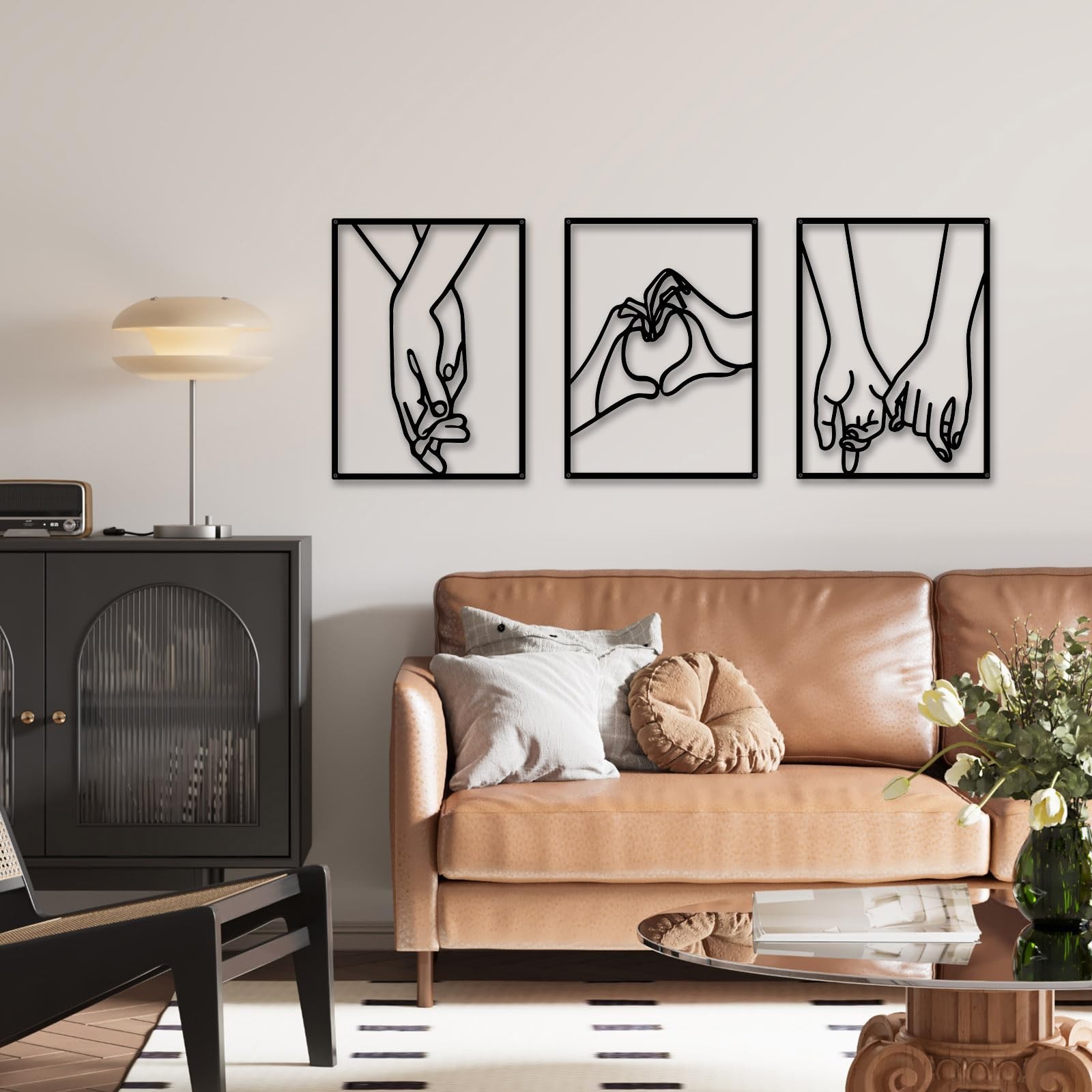 EDCIJB 3 Pcs Minimalist Heart Hands Black Metal Wall Decor Single Line Wall A…