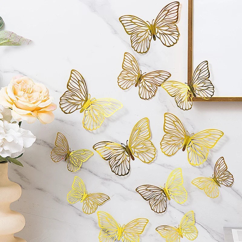 48PCS 3D Gold Butterfly Wall Decor Stickers for Party, Wedding, Birthday, Cake