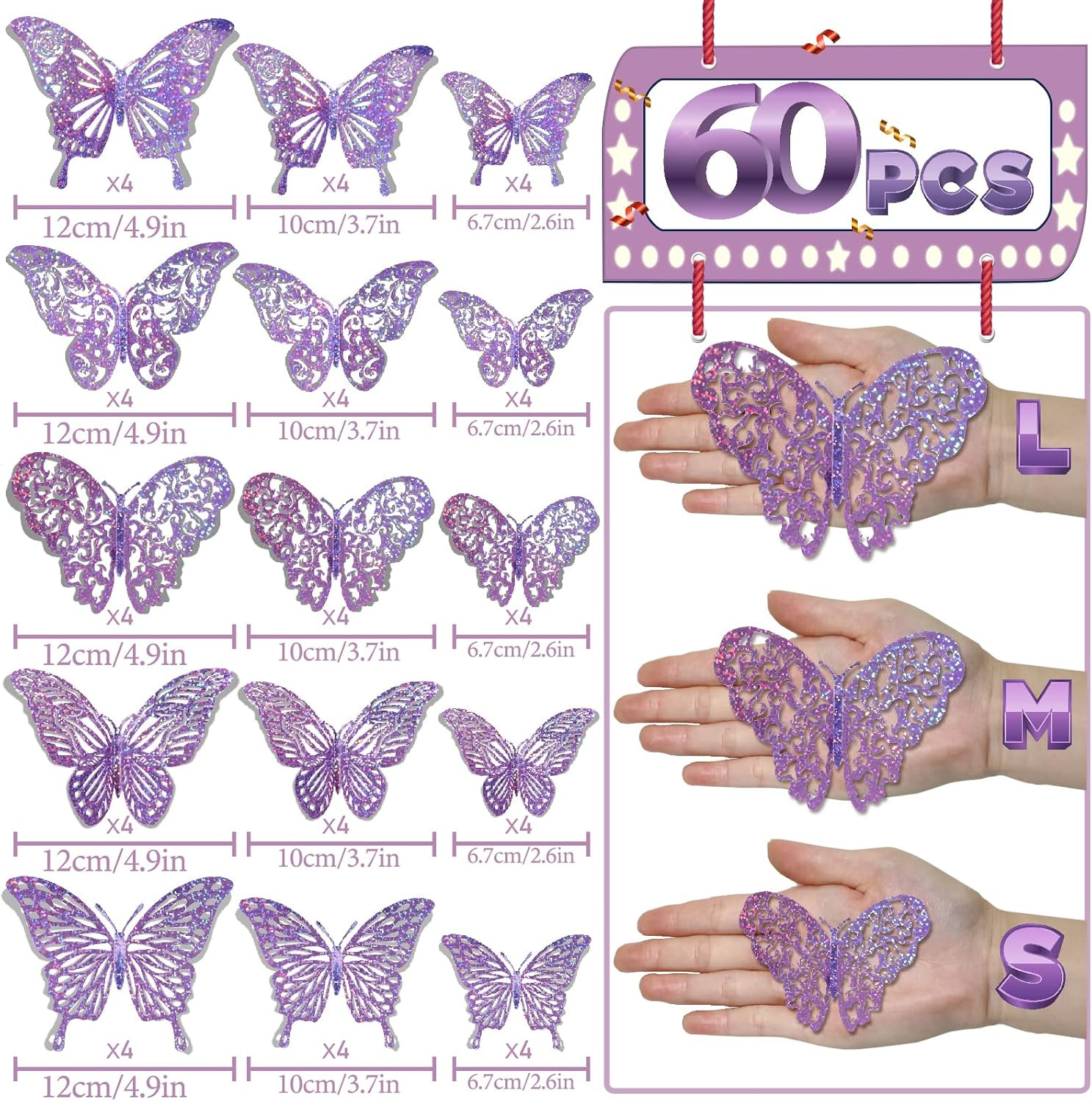 60 Pcs 3D Sequined Purple Butterfly Wall Decor Stickers, 5 Styles 3 Sizes, Holog