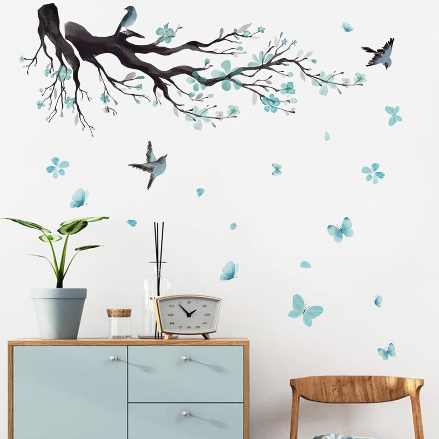 Blue Watercolor Flower Wall Decals Romantic Bird Tree Murals for Kids Rooms