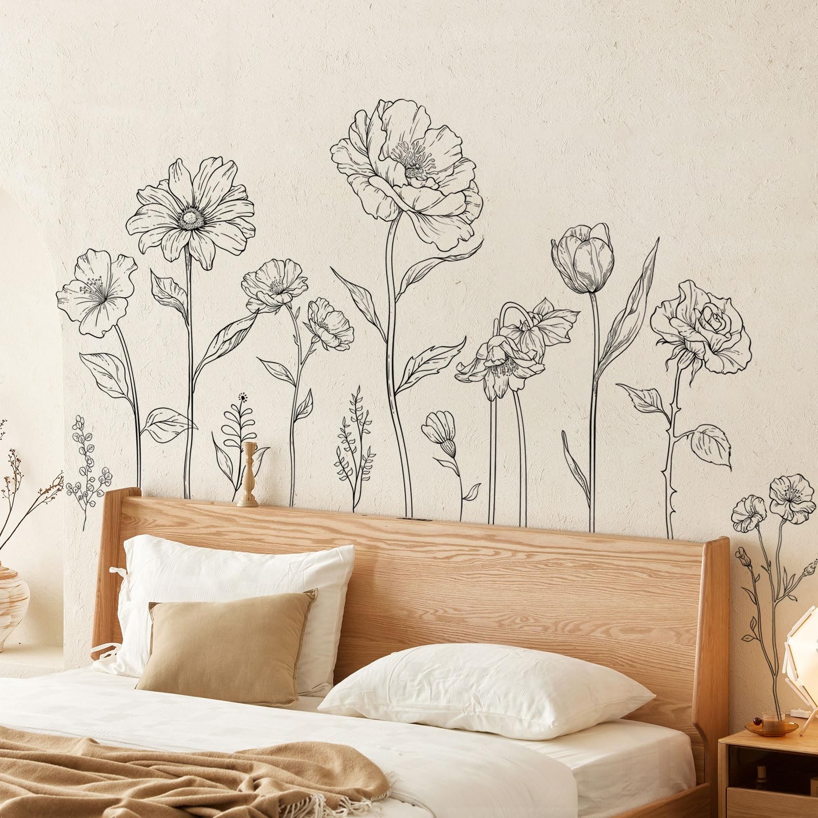 Large Black Boho Flower Wall Decals, 3 Sheets Simple Sketch Multi-colored