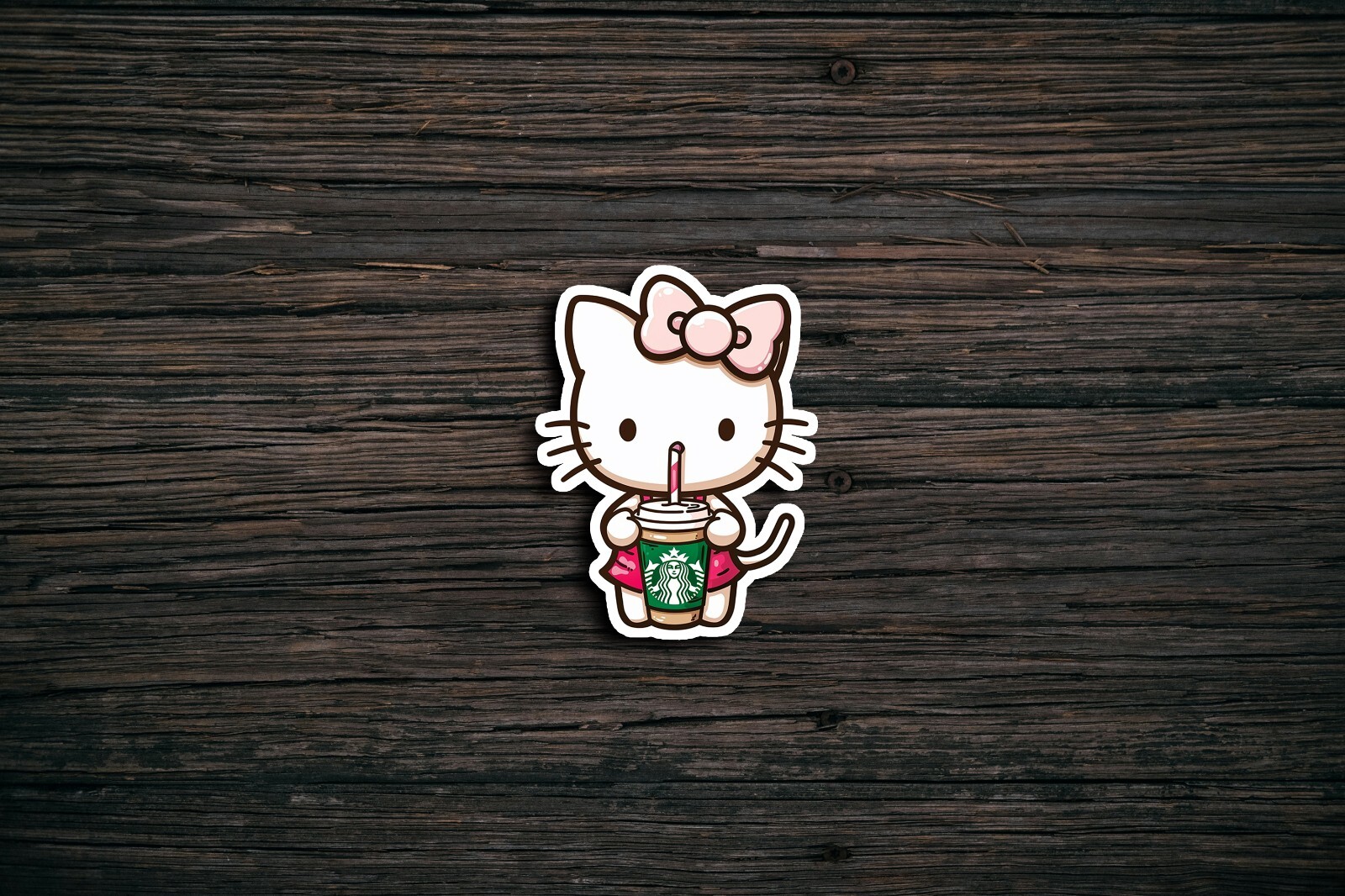 Kitty with Starbucks Sticker, Cute, Waterproof, Laptop, Water Bottle, Die Cut