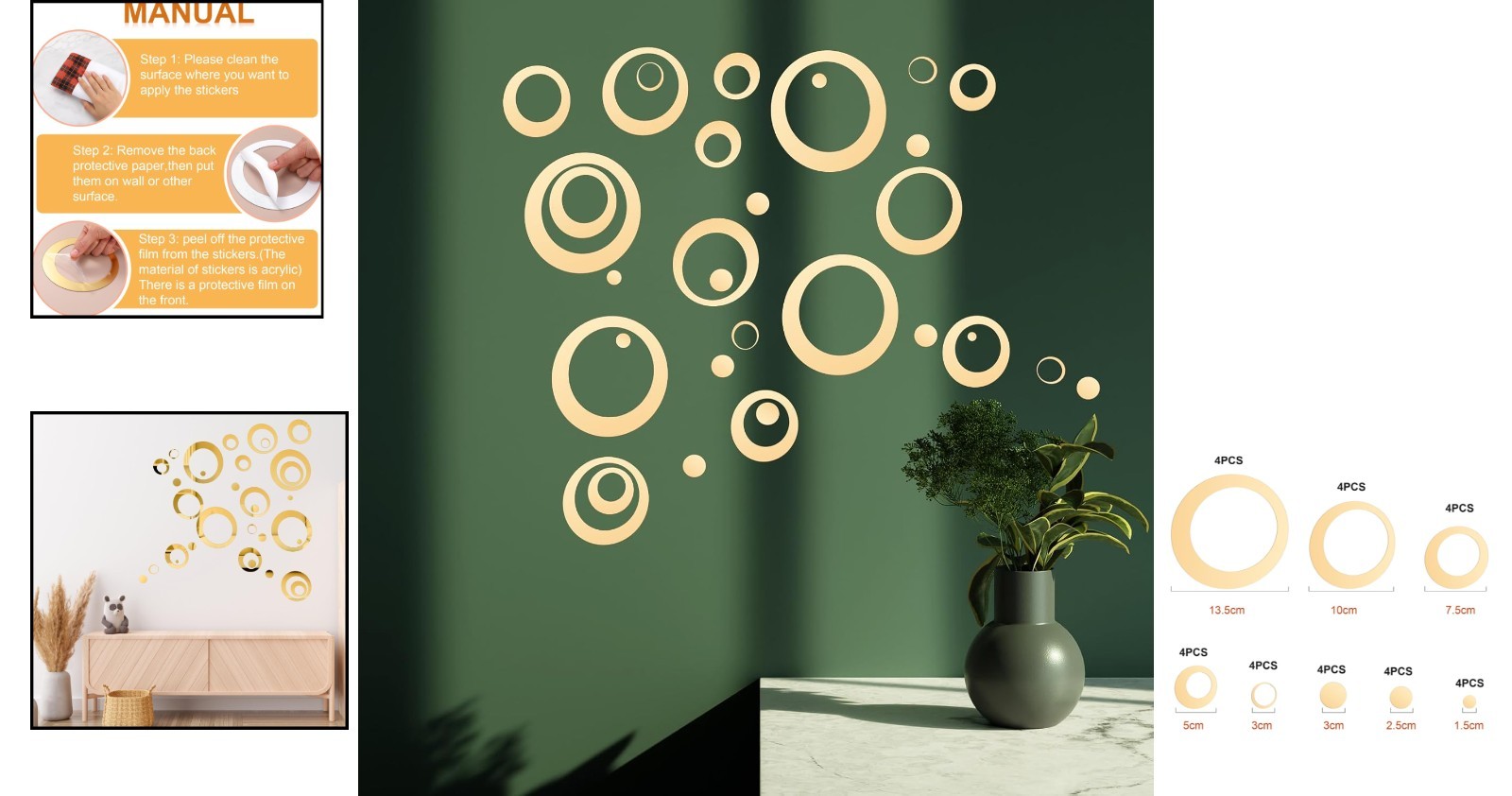 Removable Gold Mirror Wall Decals – 32 Pieces in Stunning Sizes, Modern Look