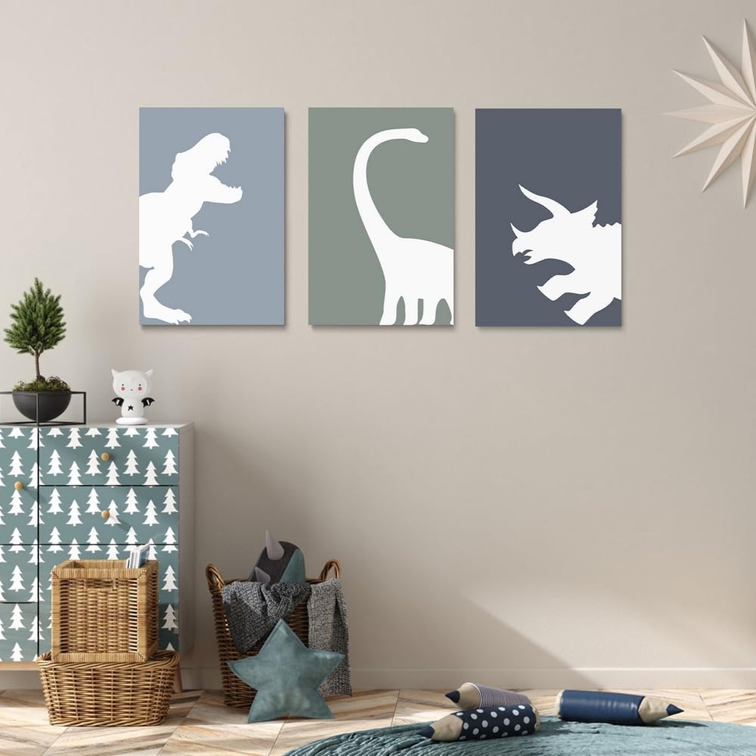 GUBIYU Dinosaur Wall Decor T-Rex Art – Framed Canvas Wall Art Set of 3, Boys …