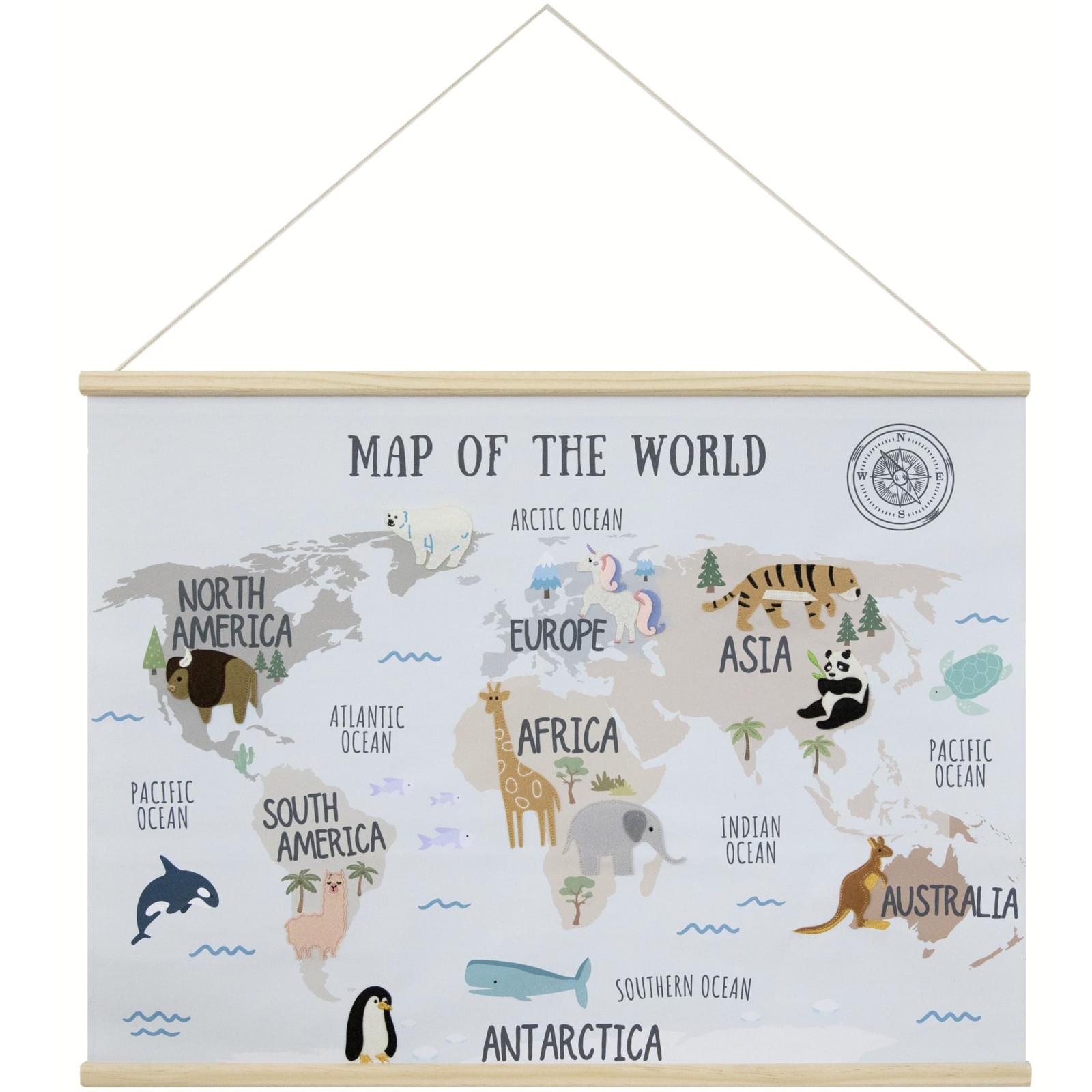 32 x 24 Inch Embroidered World Map Poster for Kids with Wood Hanger – Neut