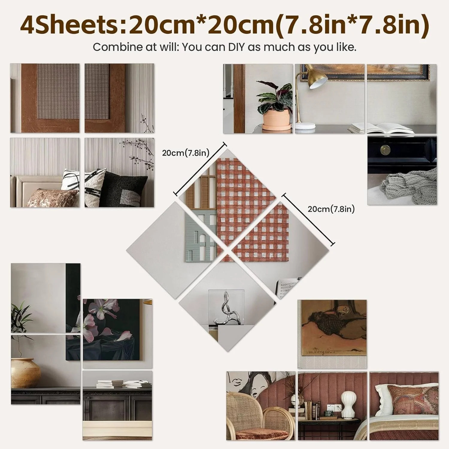 Mirror Sticker for Walls 4 Packs Self Adhesive Stick on Mirrors Tiles Small Peel