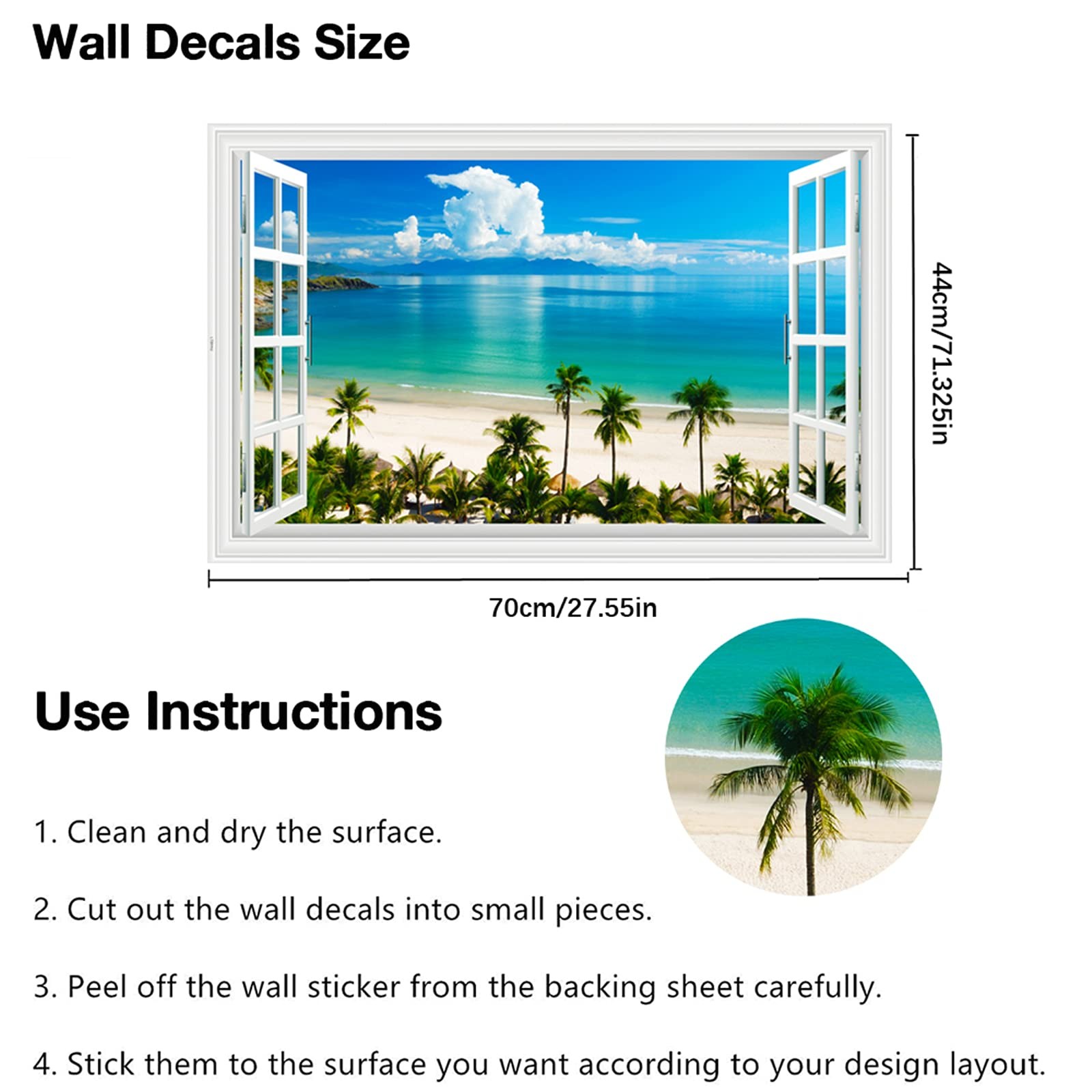 Fake Windows Wall Sticker, Removable 3D Beach Seascape Faux Windows Wall Decals