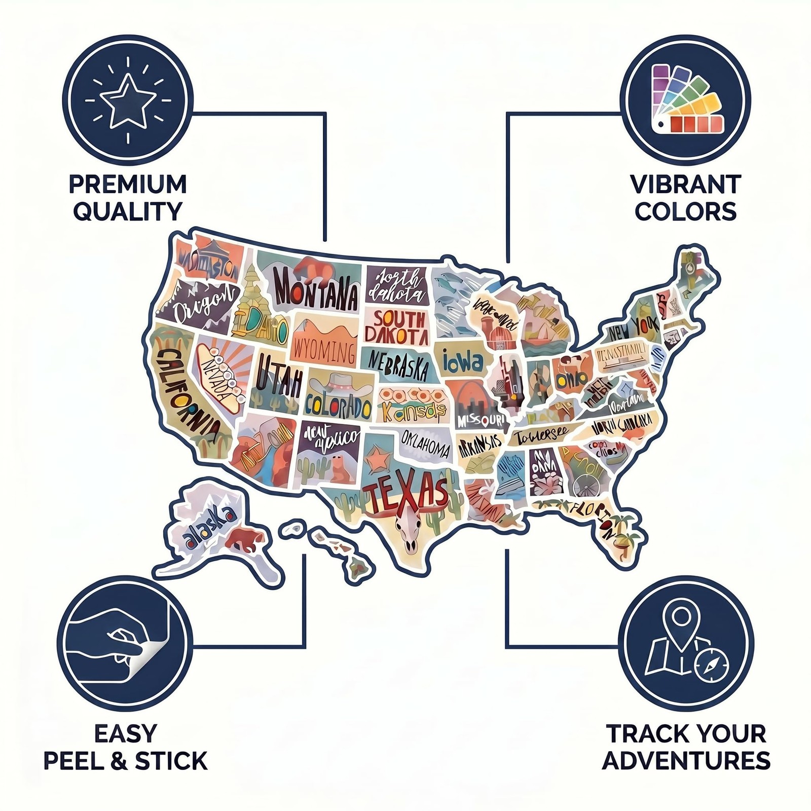 USA Sticker Map 11” x 17” – Travel Map for RV Interior Décor, Track States &