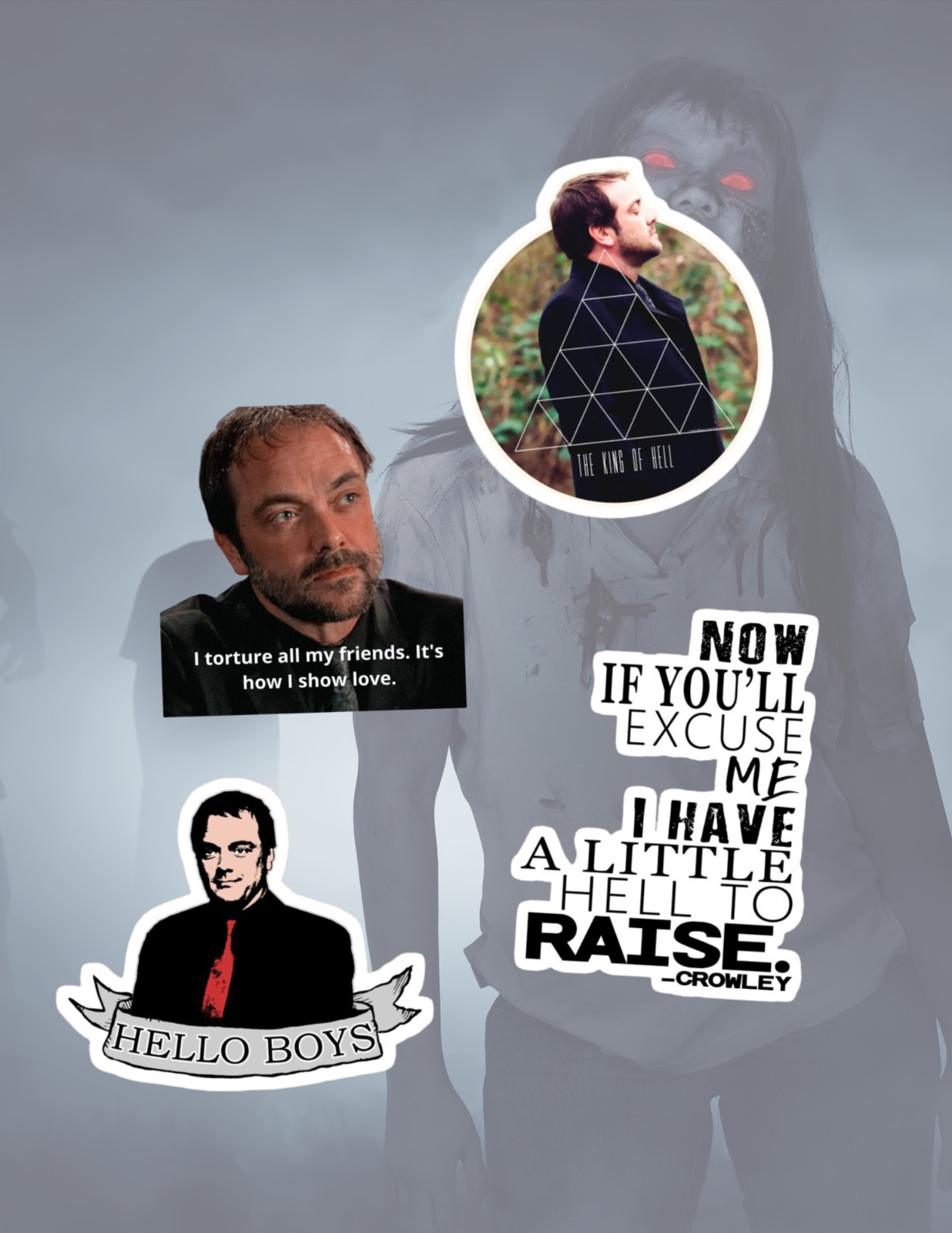 Supernatural TV Crowley 4pc Sticker Pack