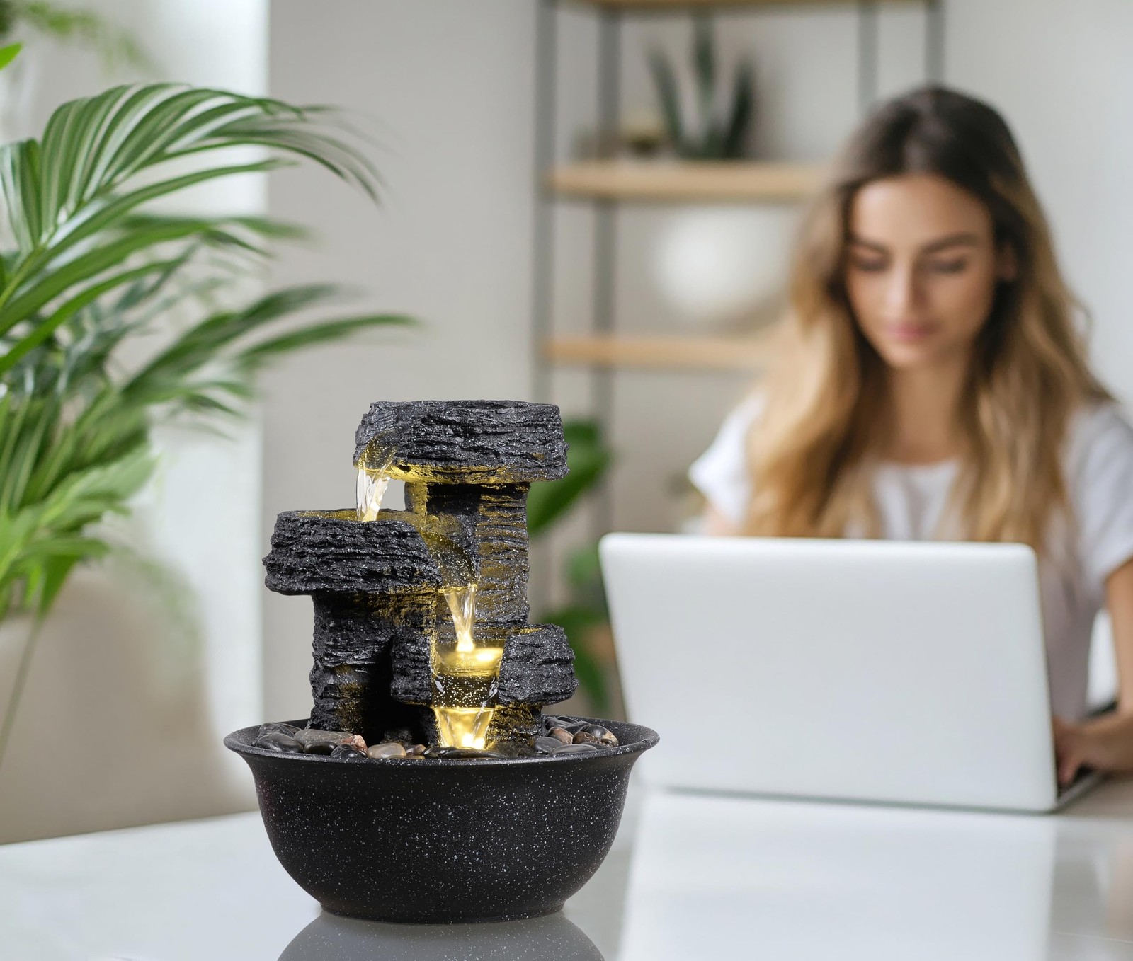 Rock Style Tabletop Fountain with LED Light – Indoor Waterfall Feature for