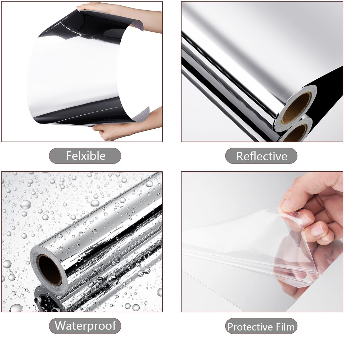 Flexible Peel and Stick Mirror Stickers – Silver, 17.7" x 200", Waterproof, Remo