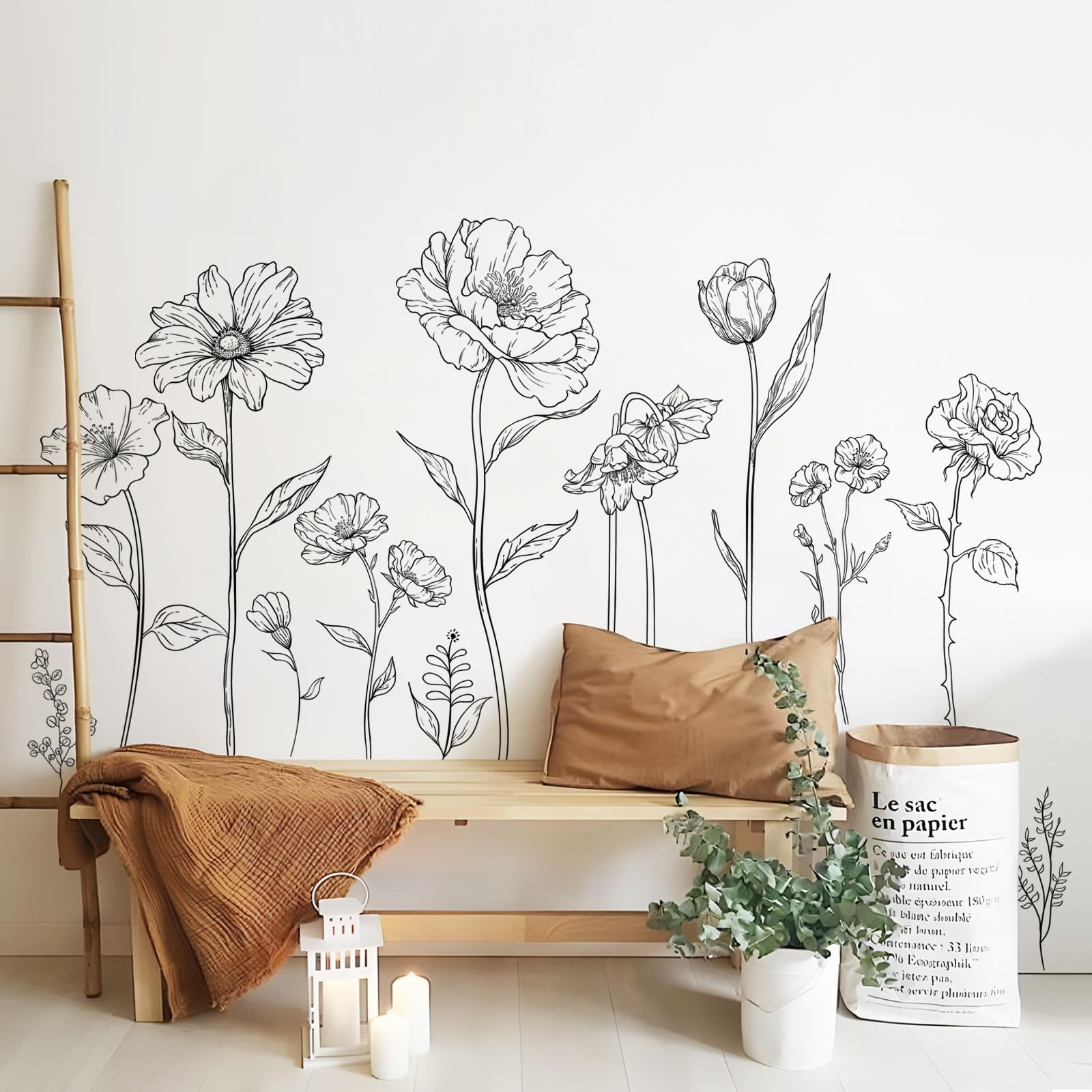Large Black Boho Flower Wall Decals, 3 Sheets Simple Sketch Multi-colored