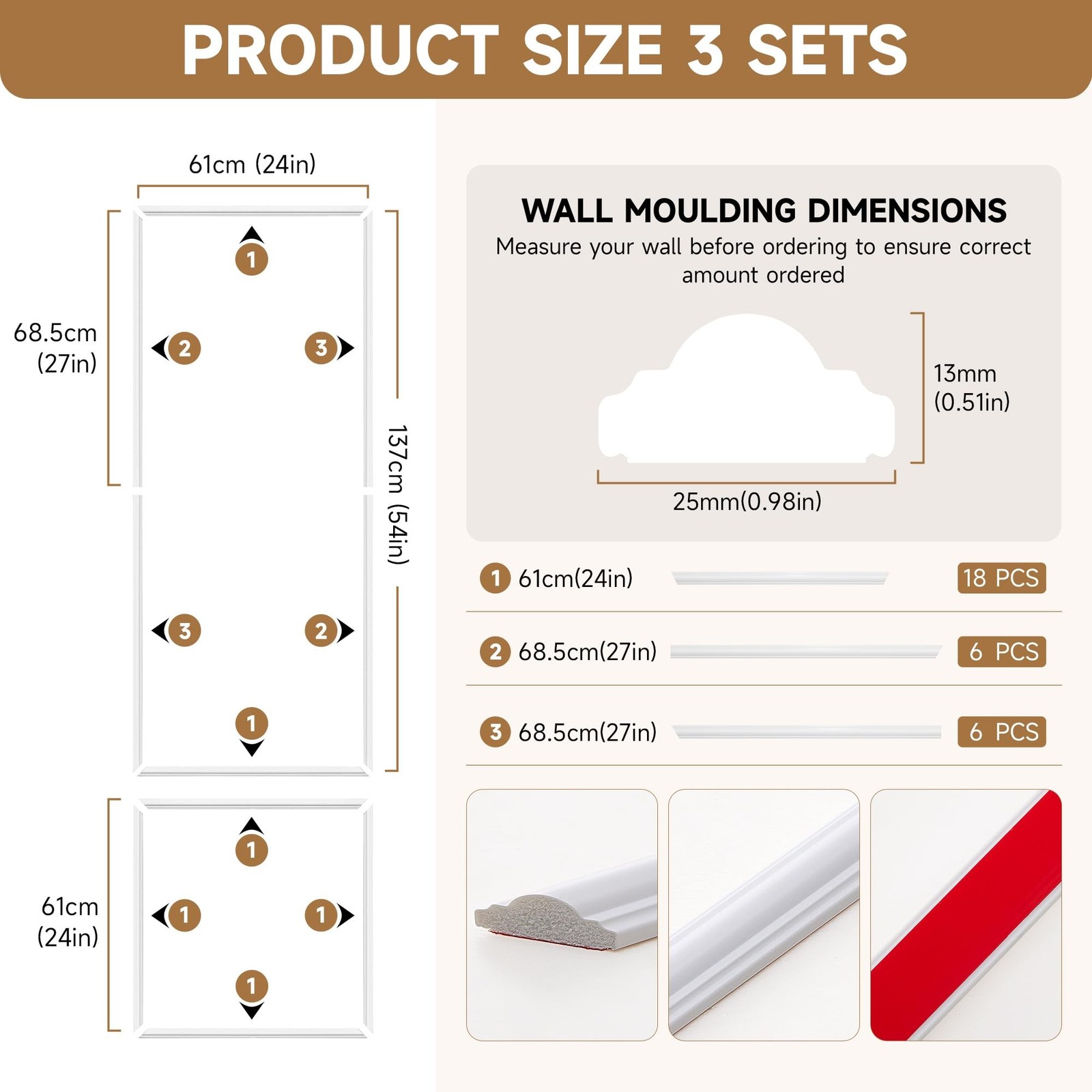 Peel and Stick Wall Molding Kit, INMOZATA 3 Sets 3D Pre-Cut Accent Molding Tr…