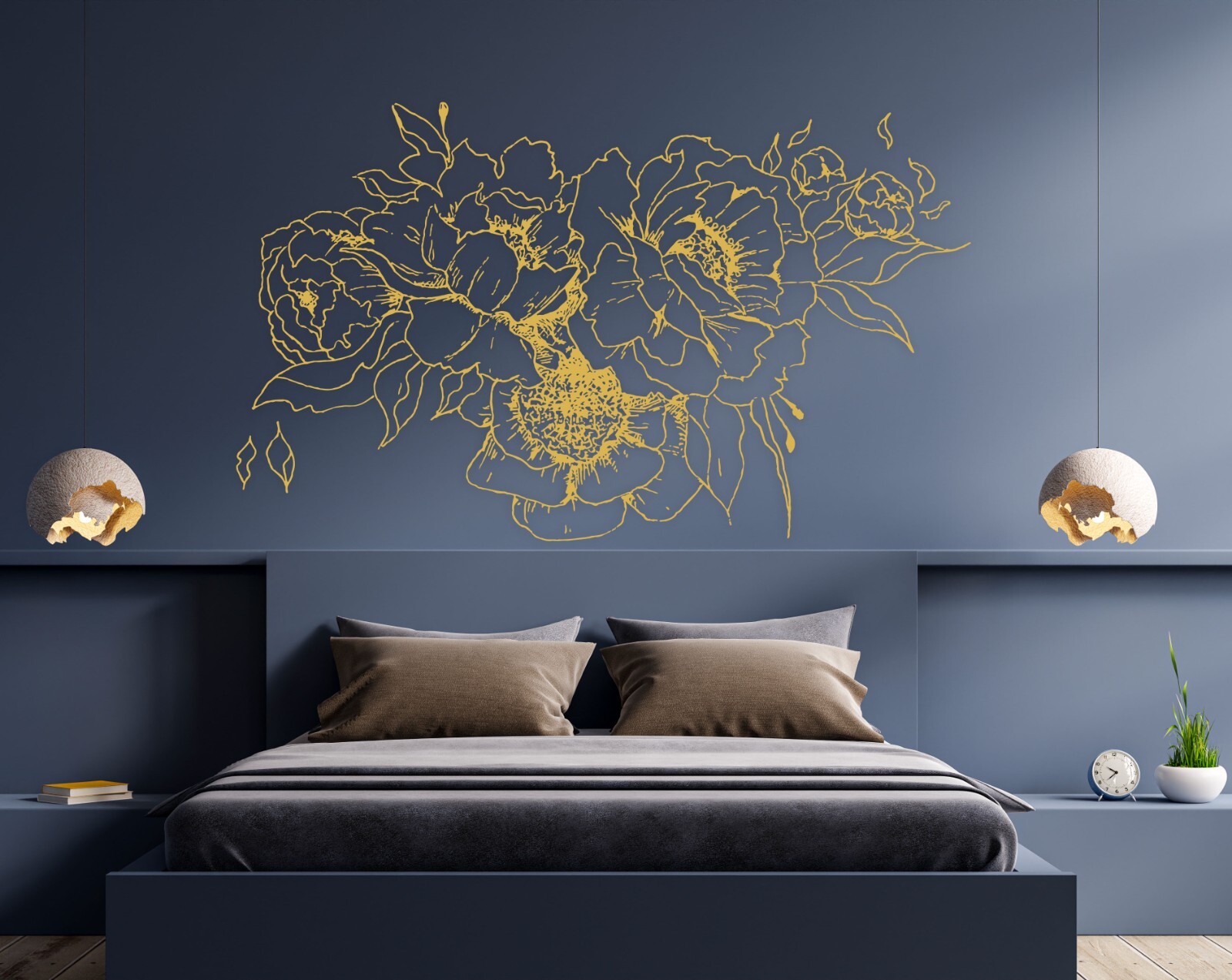 Peony Wall Vinyl Decals, Gold Peonies Flowers Stickers for Room Decoration se184