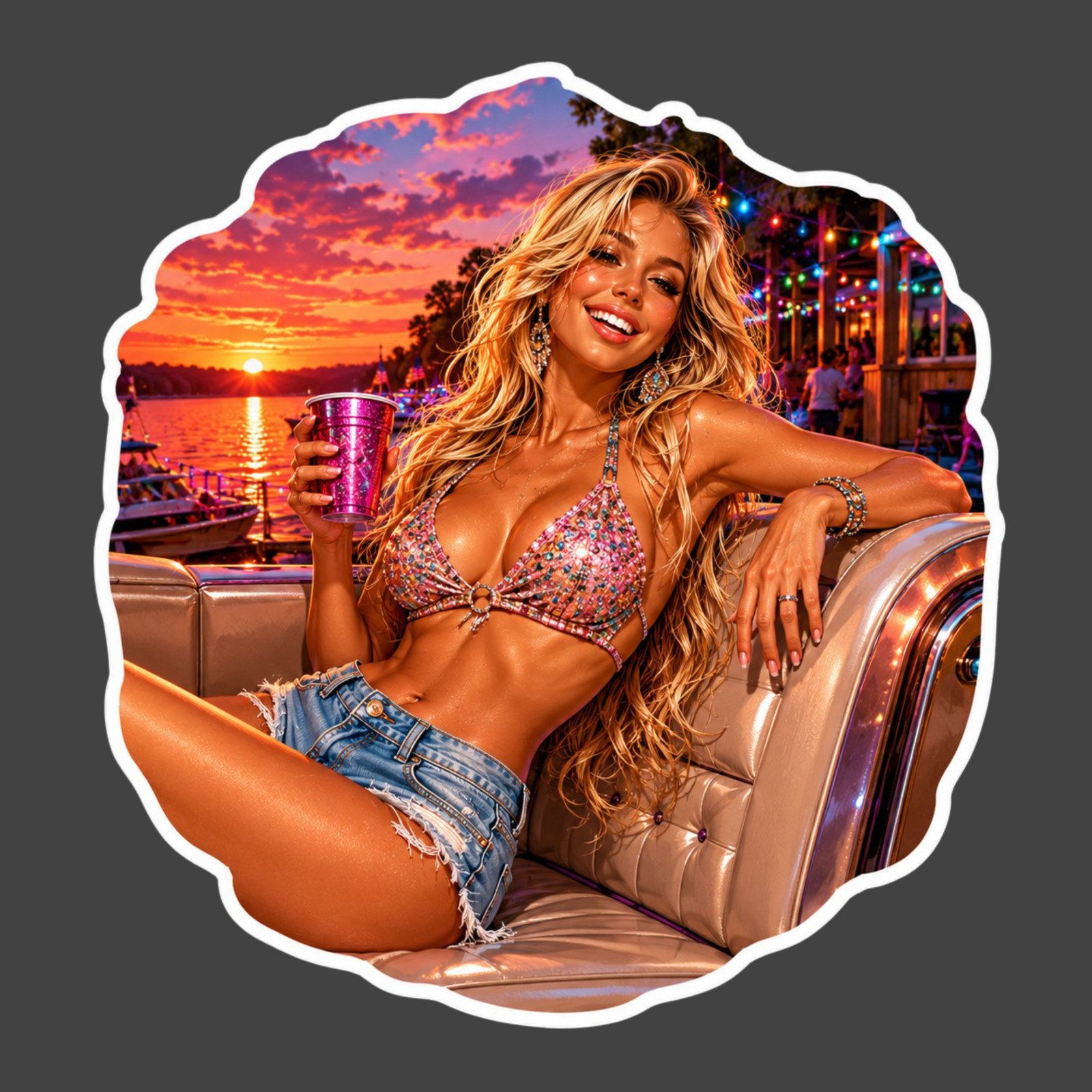 Pinup Girl Sticker Vinyl Decal Lake Sunset Party Boat Bikini Blonde Summer