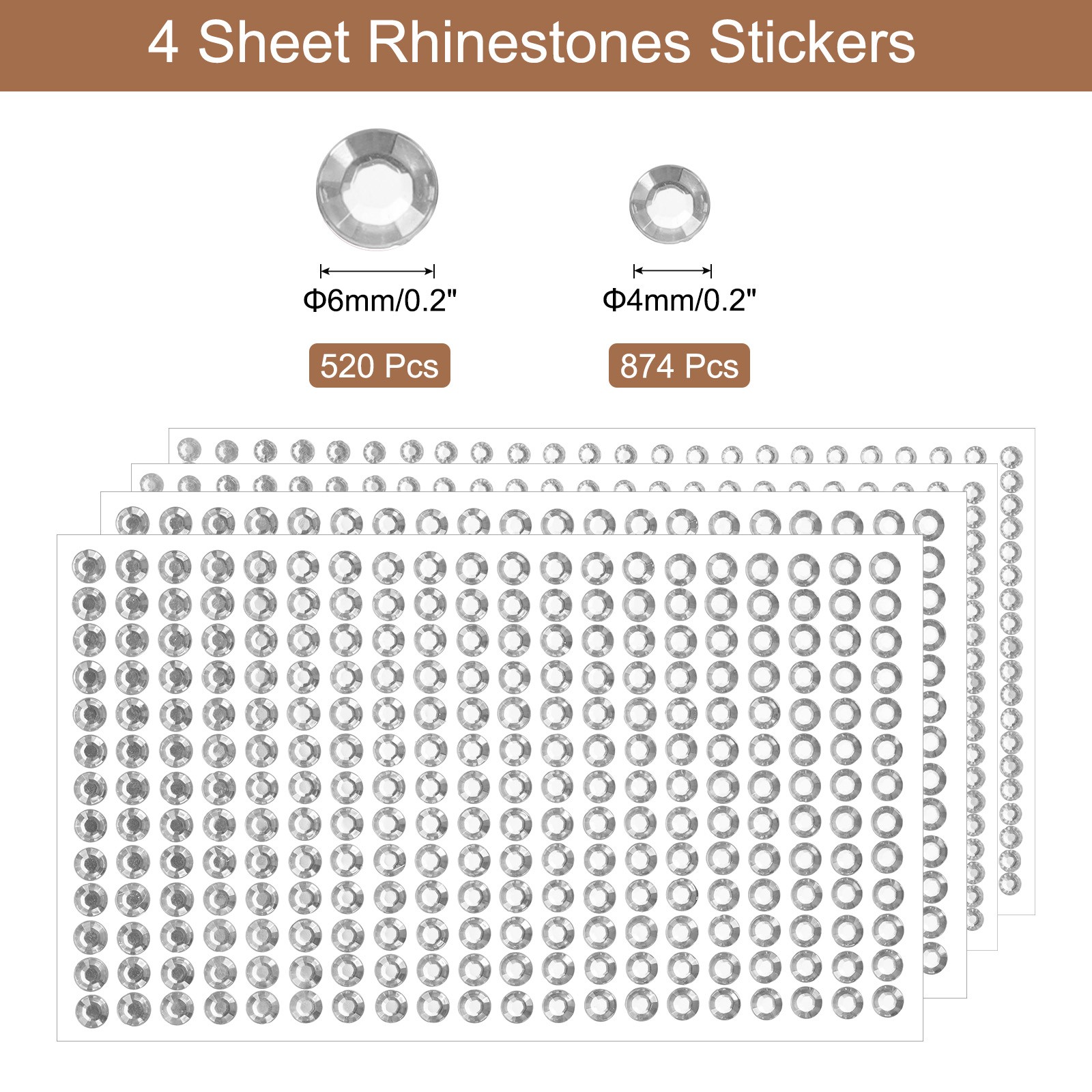 1394Pcs 4mm/6mm Self-Adhesive Rhinestone Stickers 4 Sheet White Silver