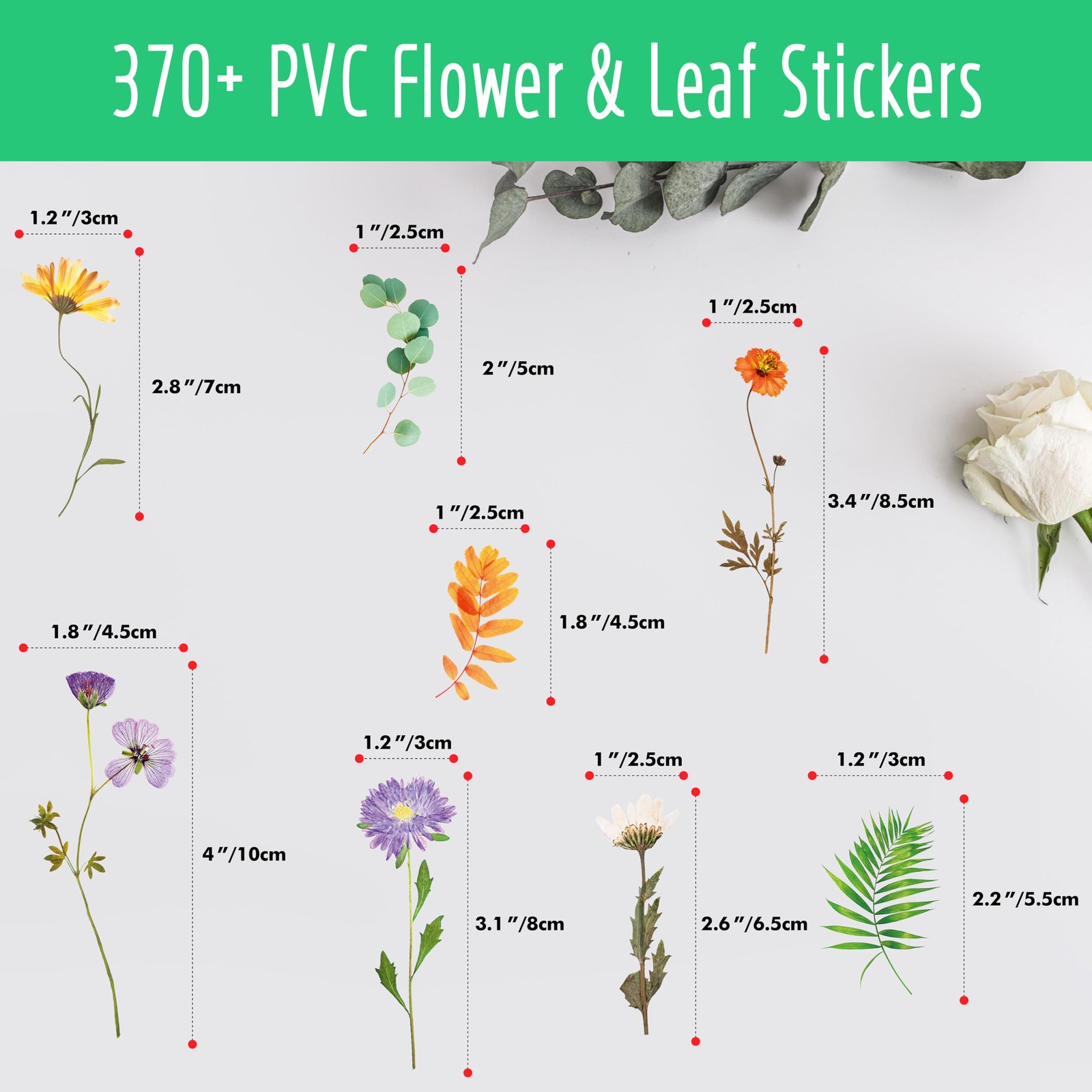 370+ PCS PVC Flower Stickers, Self-Adhesive PVC Greenery Stickers Nature Plant D