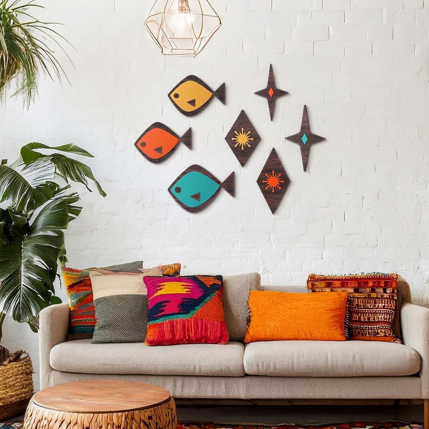 7 Pcs Mid Century Modern Wall Art Abstract Fish Wall Decor Retro Atomic Stars