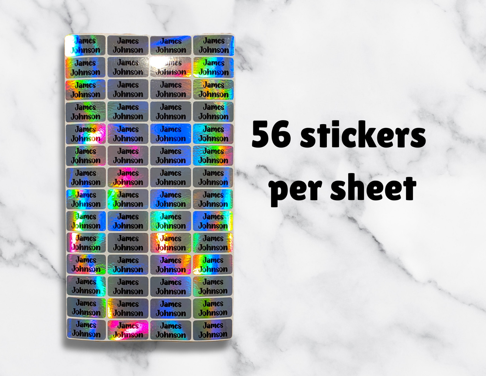 Custom Name Holographic Sticker Sheets – 56 Personalized Labels Per Sheet