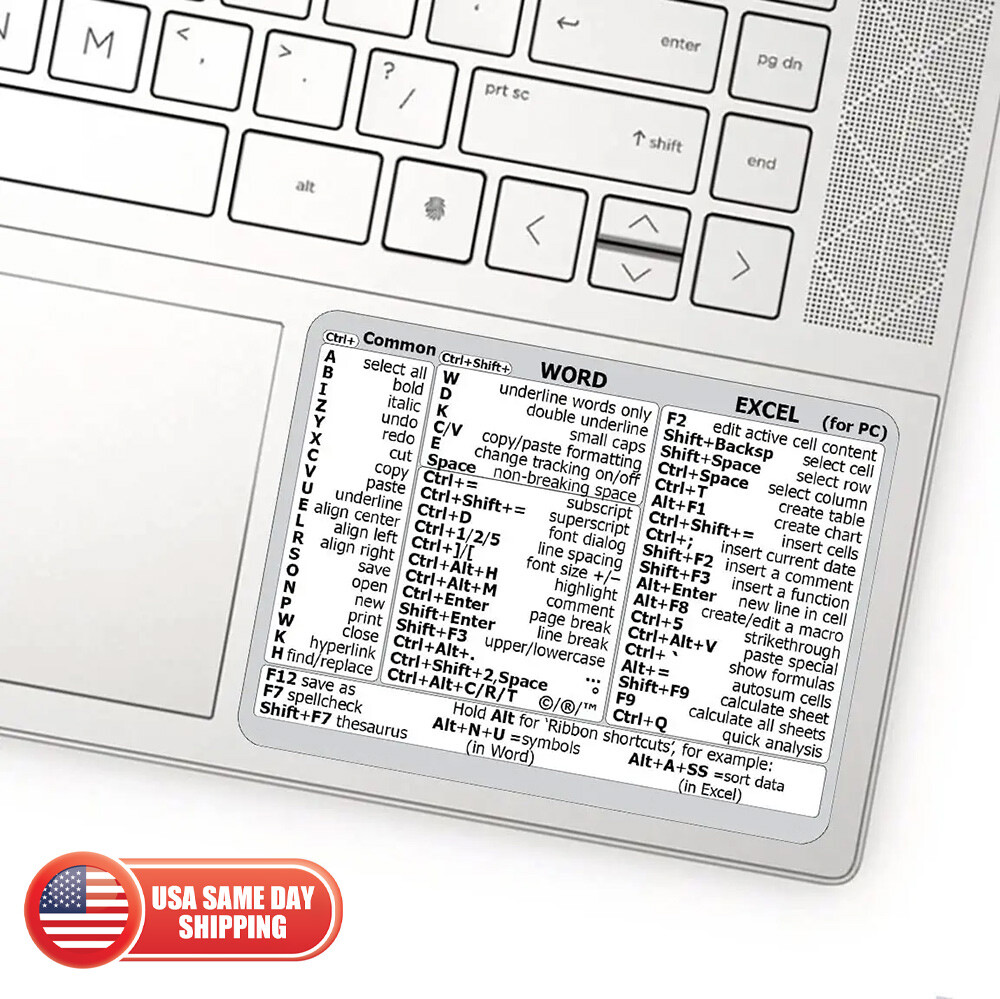 Windows PC Laptop Microsoft Word Excel Reference Guide Keyboard Shortcut Sticker