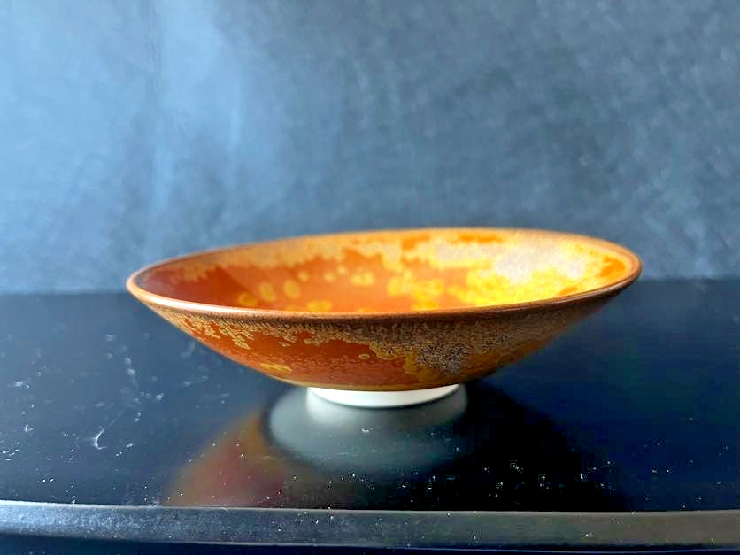 Baba Shinemon Japanese Crystal Glaze Tea Bowl Gold Orange Chawan Signed