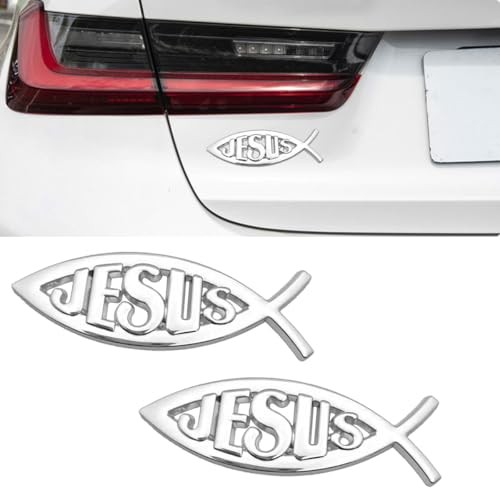 2PCS Jesus Fish Decal Sticker, 3D Chrome Metal Car Emblem, Waterproof Silver