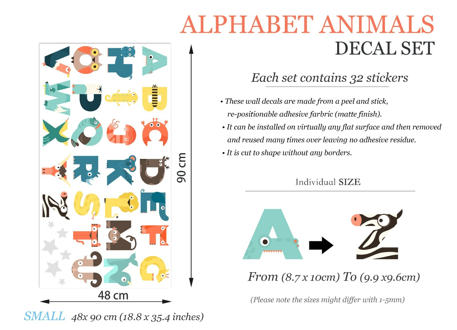 Animals Alphabet Learning ABC Enlighten Removable Wall Decals Stickers Room Deco