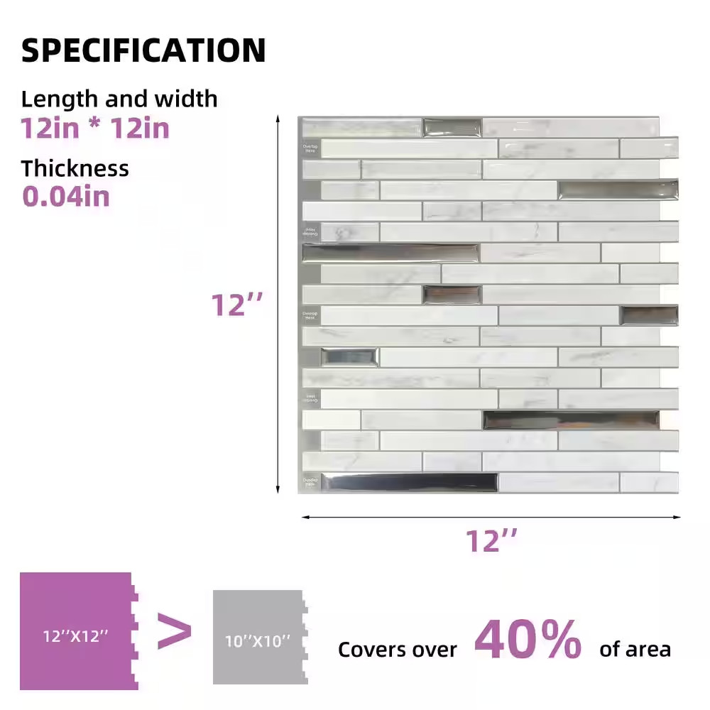 Jeedeson Peel Stick Wall Tile 12in Marble White Silver Kitchen Backsplash 10pack