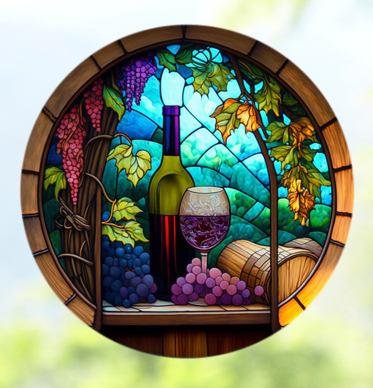 Wine & Grapes Faux Stained-Glass WINDOW CLING Sun-catcher Size 8" Round Vinyl
