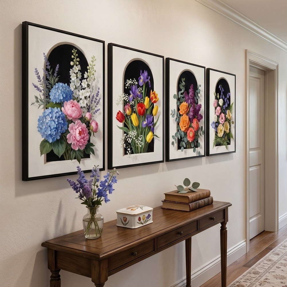 Arch Window Floral Wall Art 4 Pack Canvas Prints 11.81×15.74in Indoor Decor