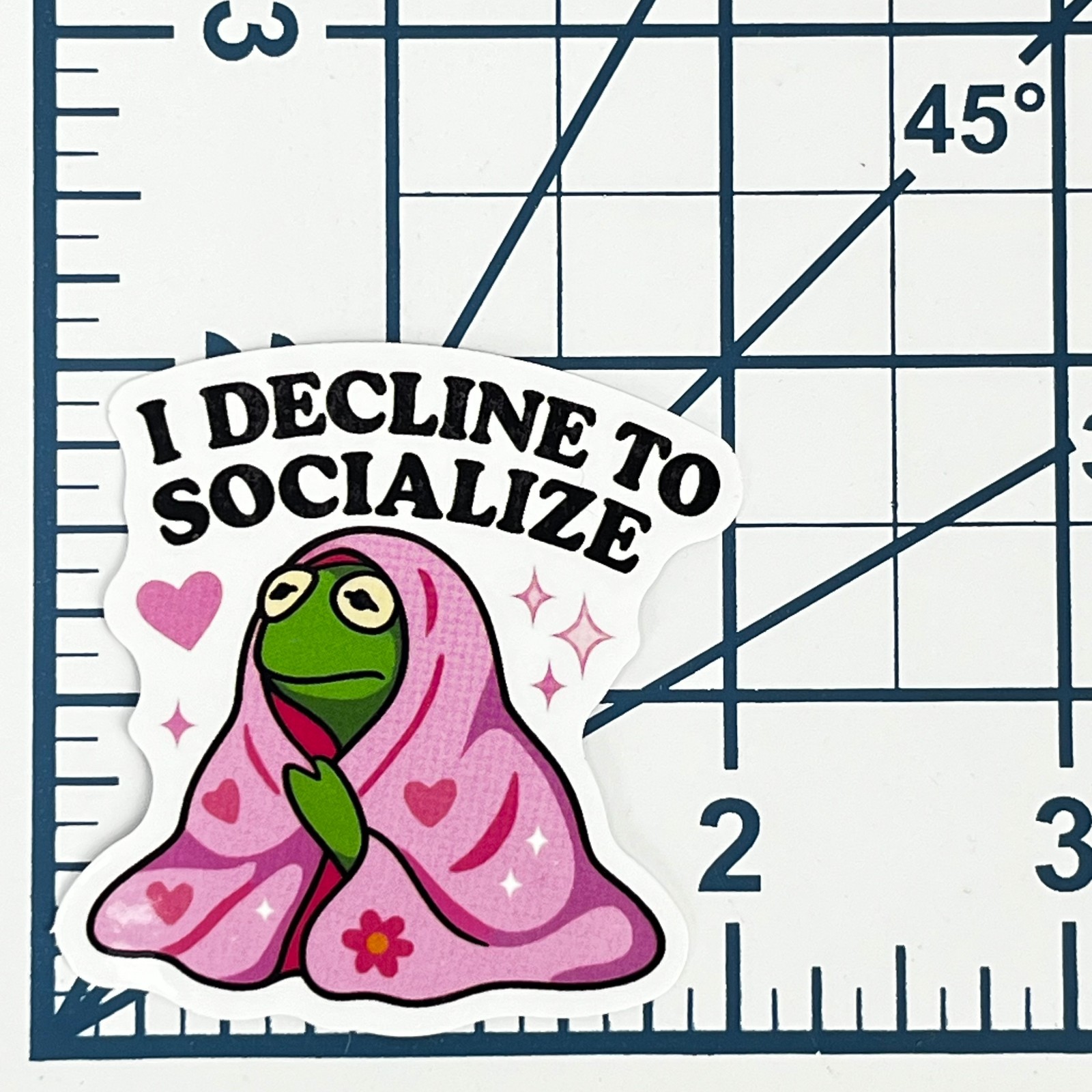 I Decline to Socialize Vinyl Sticker Funny Frog Pink Blanket Introvert Humor