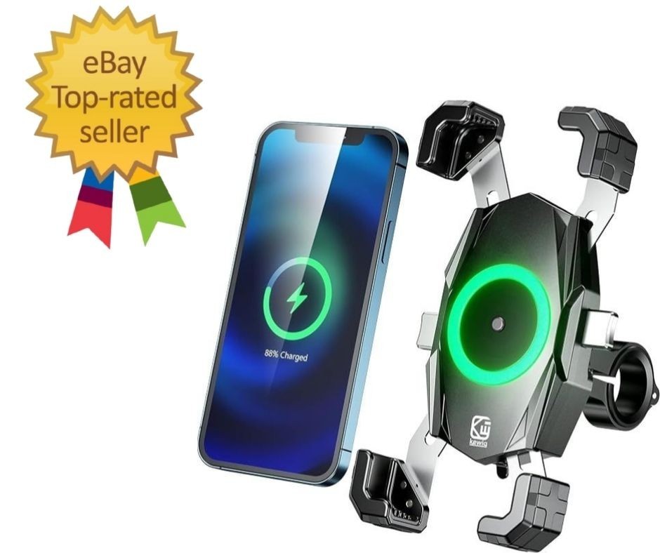 Motorcycle Fork Stem Phone Mount with Qi 15W Wireless Charger & Black