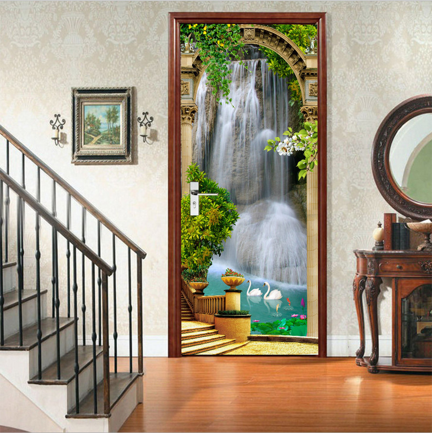 3D Wall Art Waterfall Forest Koi Door Sticker PVC Decal Self-adhesive Wrap Mural