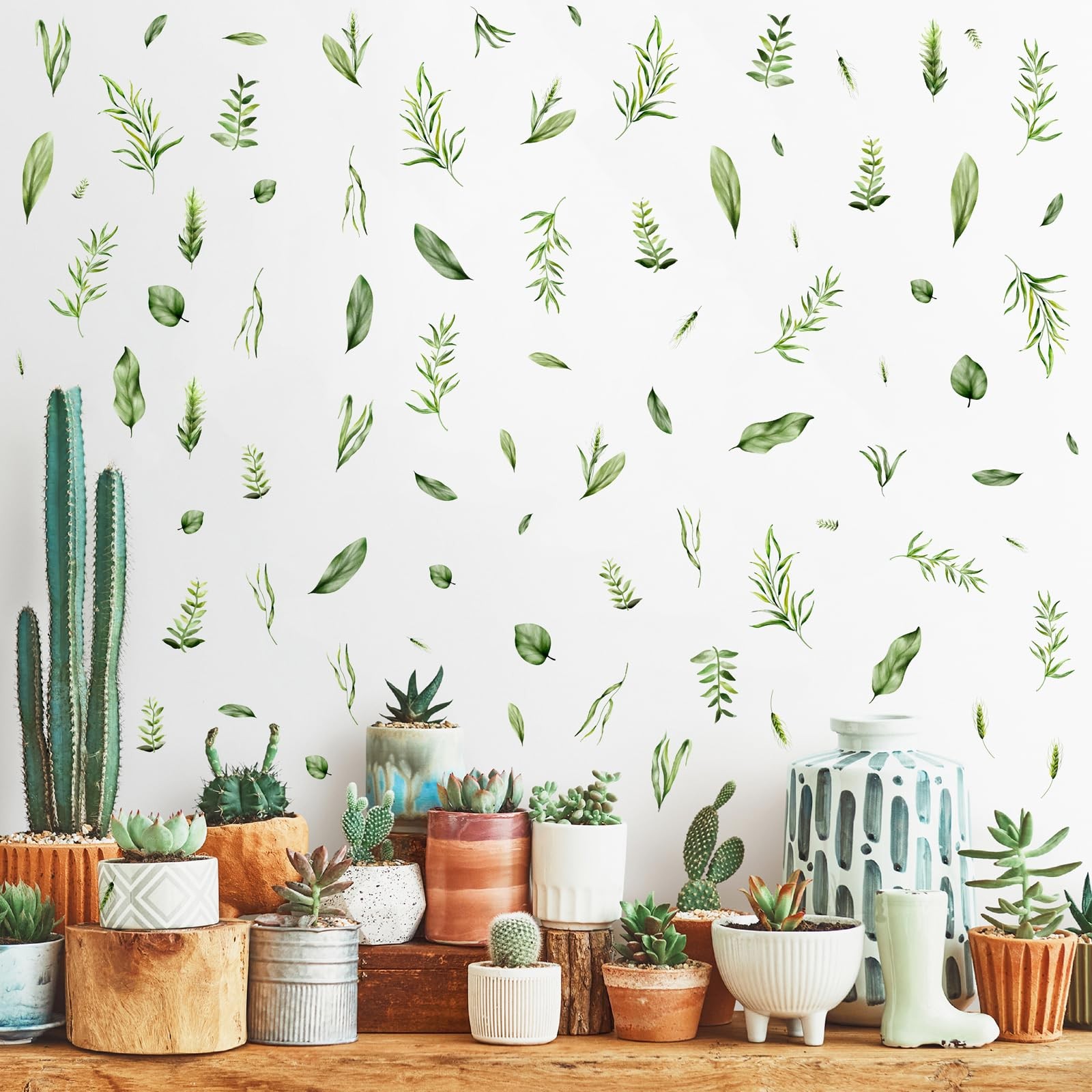 Green Leaf Wall Stickers Plant Leaf Wall Decals Peel and Stick Botanical Smal…